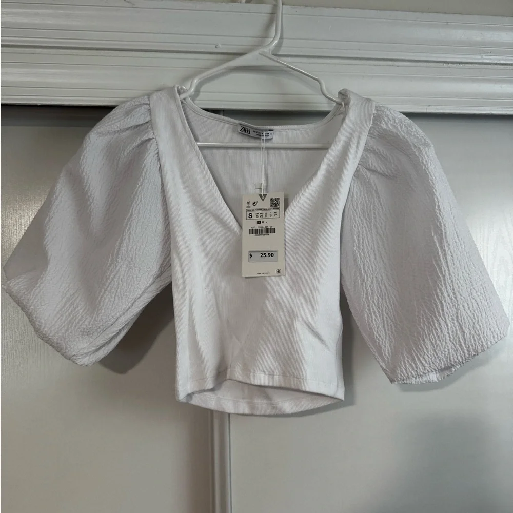 Zara White Puff Sleeve Cropped Top NWT